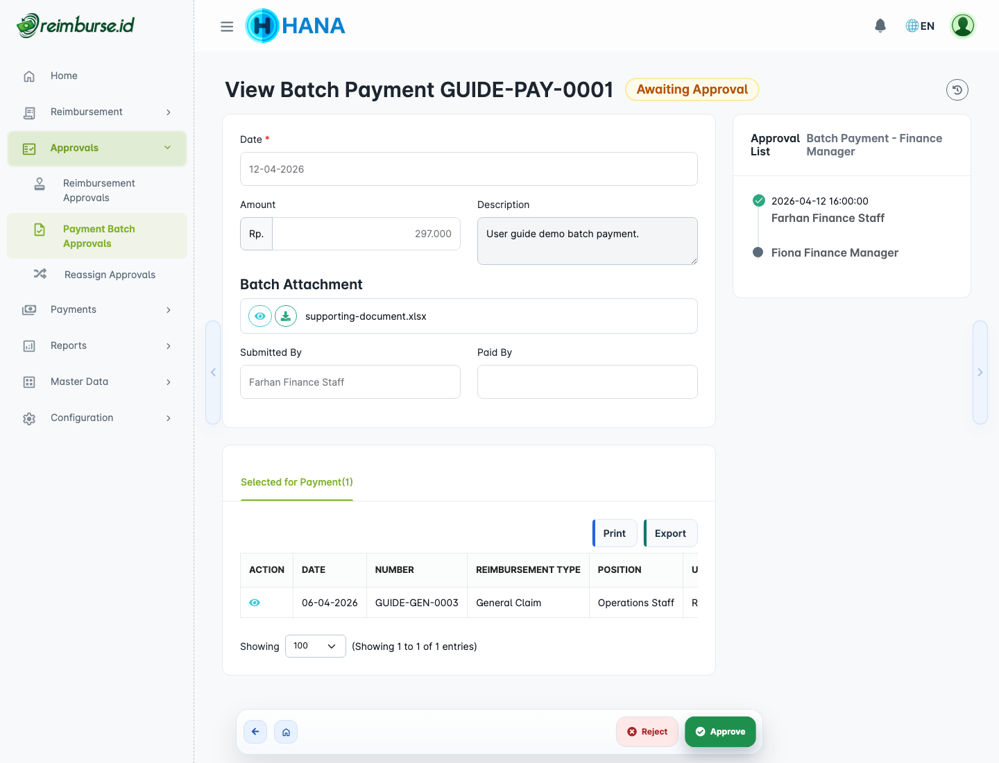 Batch payment approval detail