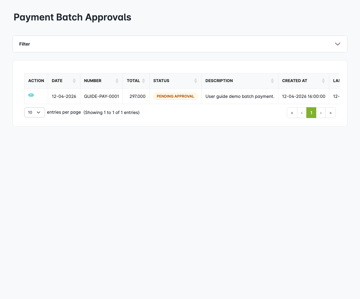 Payment batch approvals list