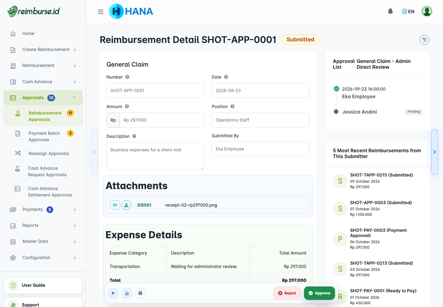 Reimbursement review detail and decision controls