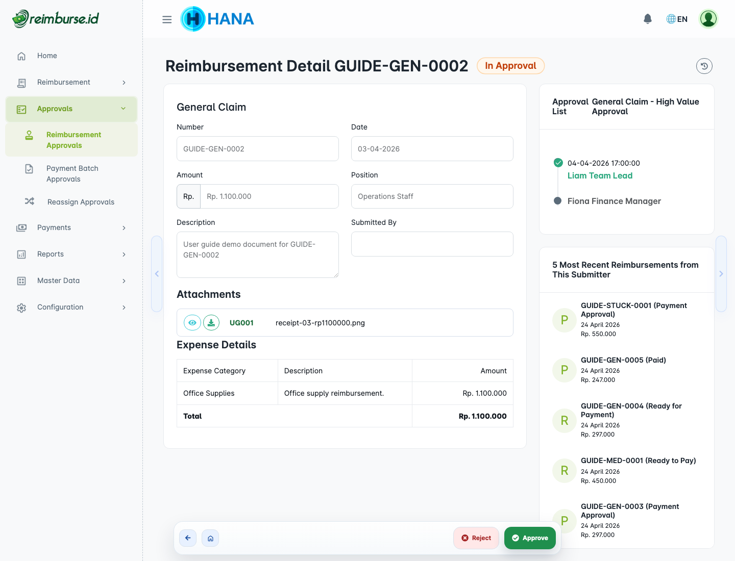 Reimbursement approval detail
