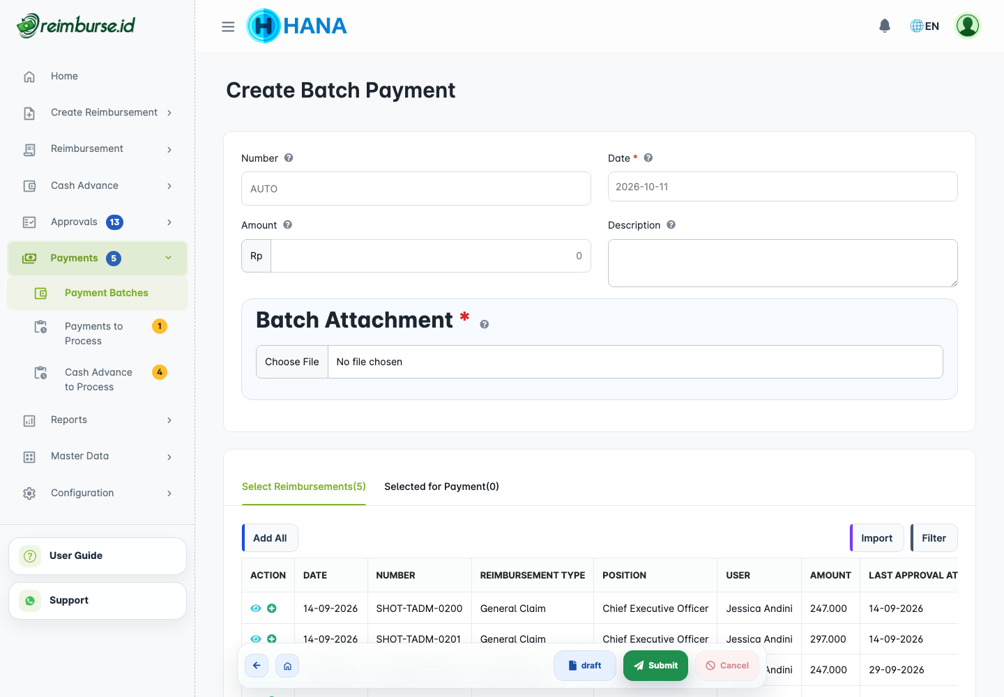 Pembuatan batch dan pilihan reimbursement