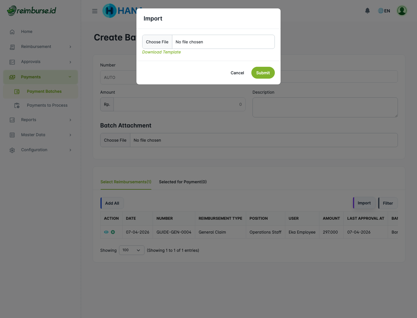Batch payment import modal