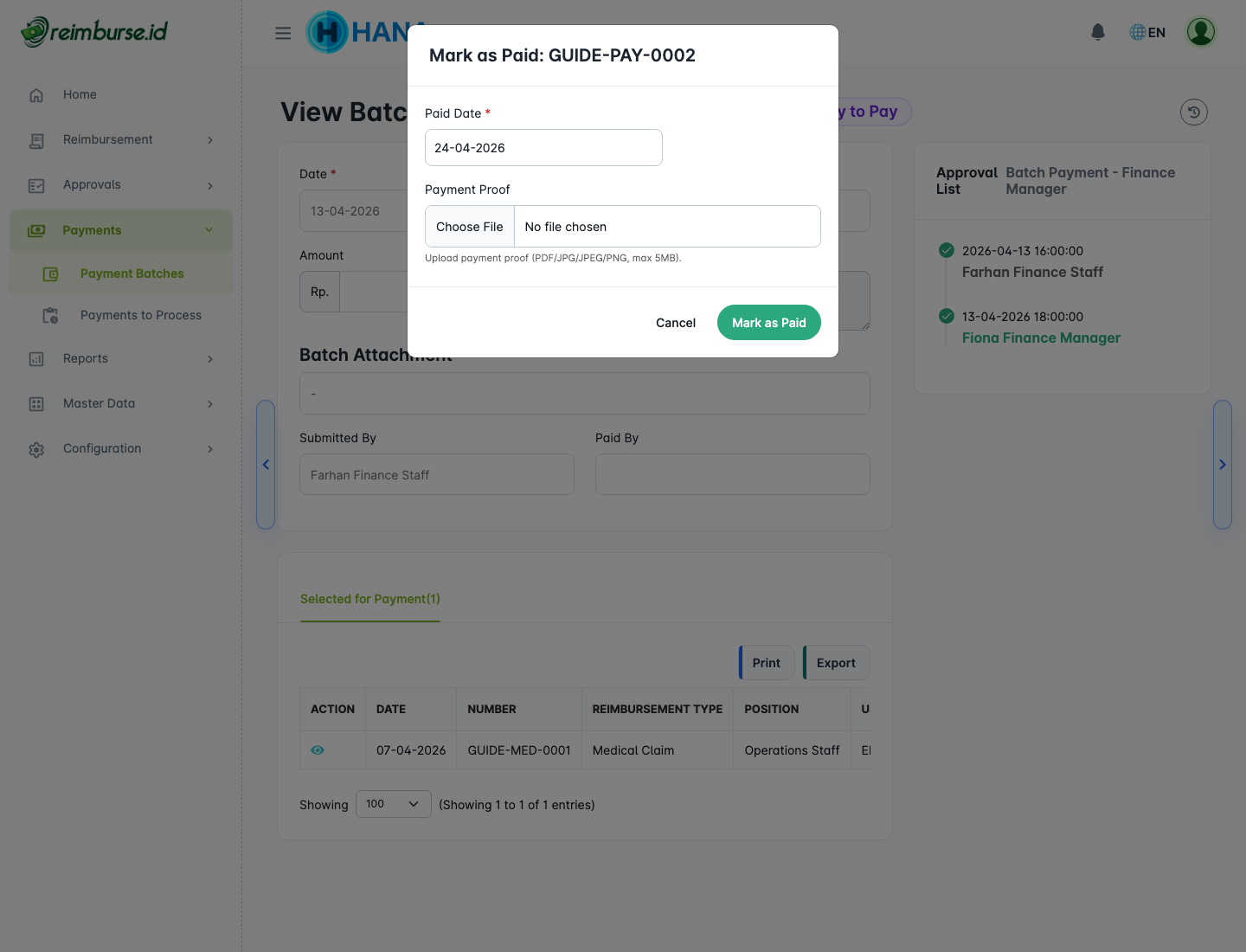Mark batch as paid modal