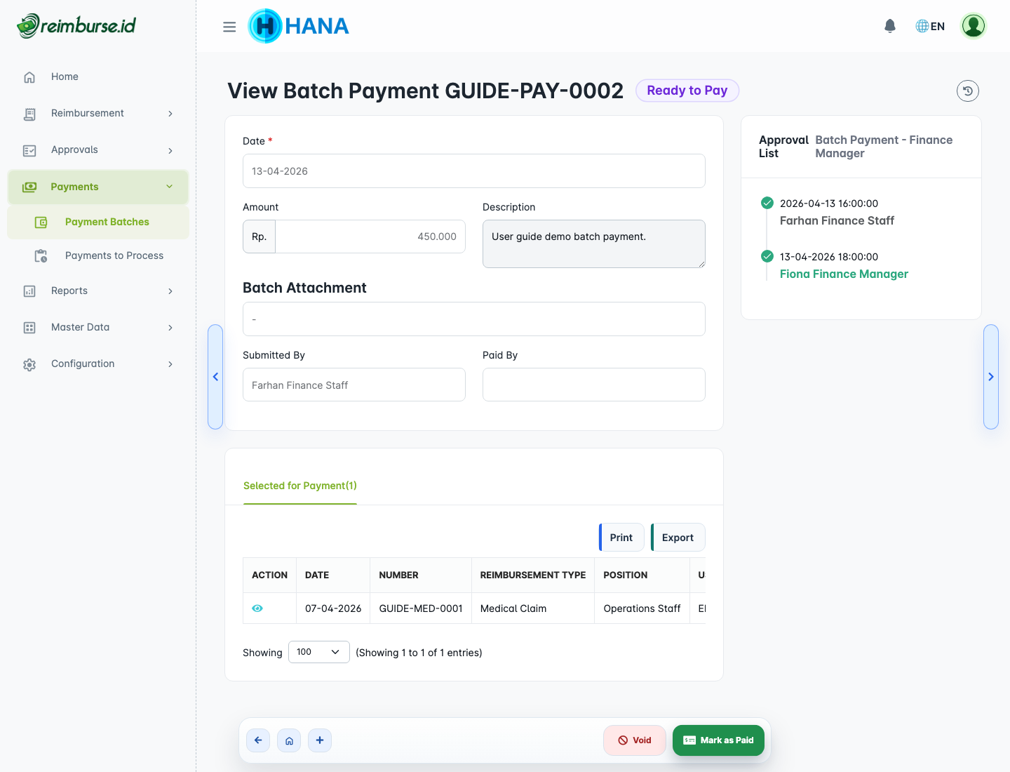 Batch payment ready to pay detail