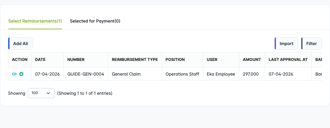 Select reimbursements for payment
