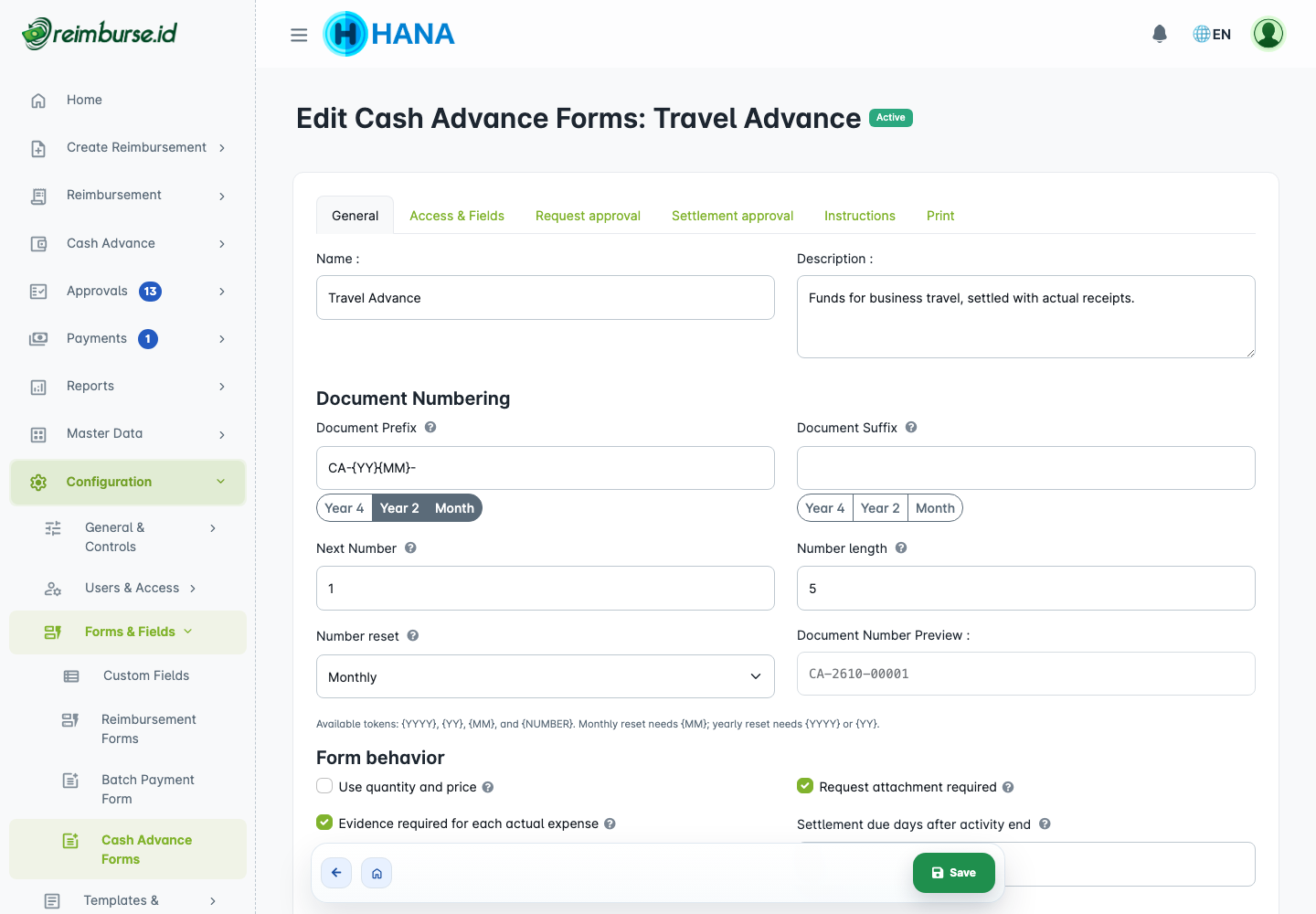 Cash Advance general settings