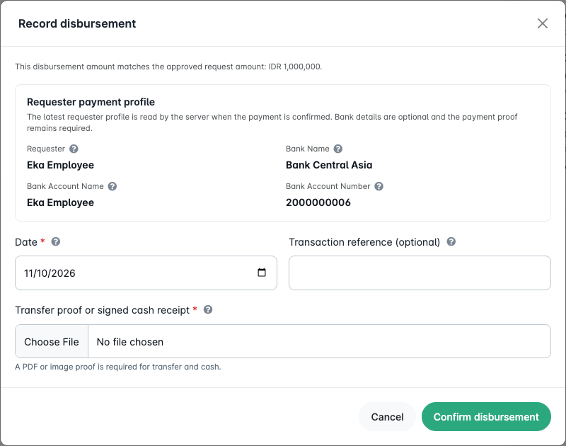 Disbursement recording with recipient profile and proof