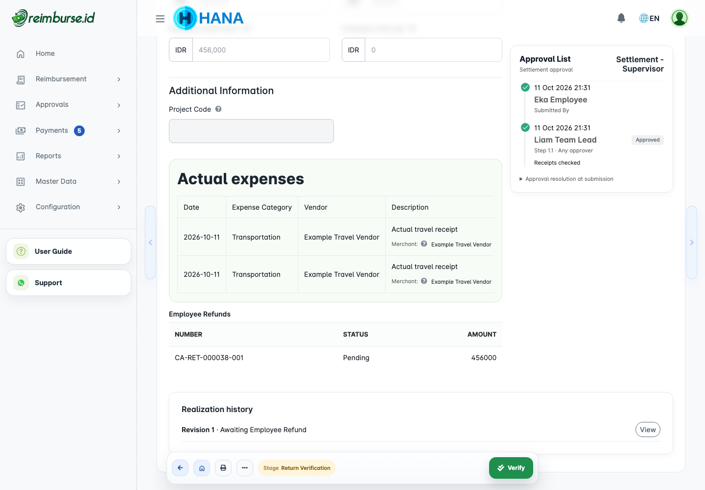 Pending employee return and verification action