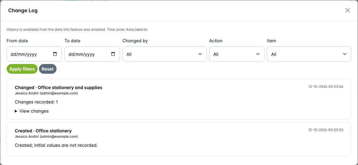 Change Log list and filters