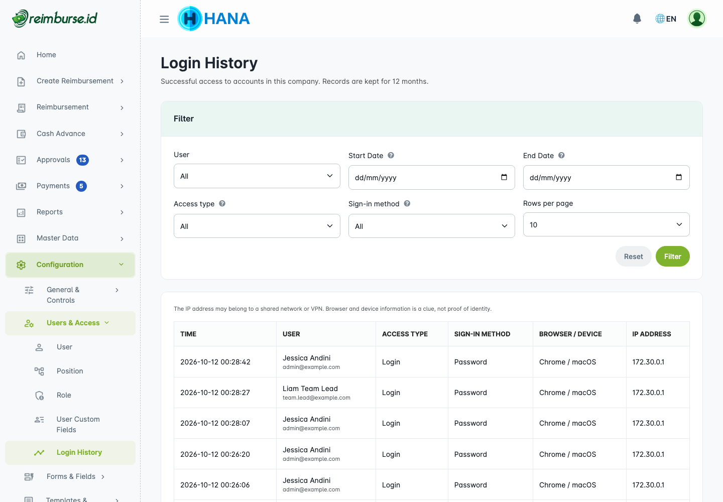 Company login history with user filters