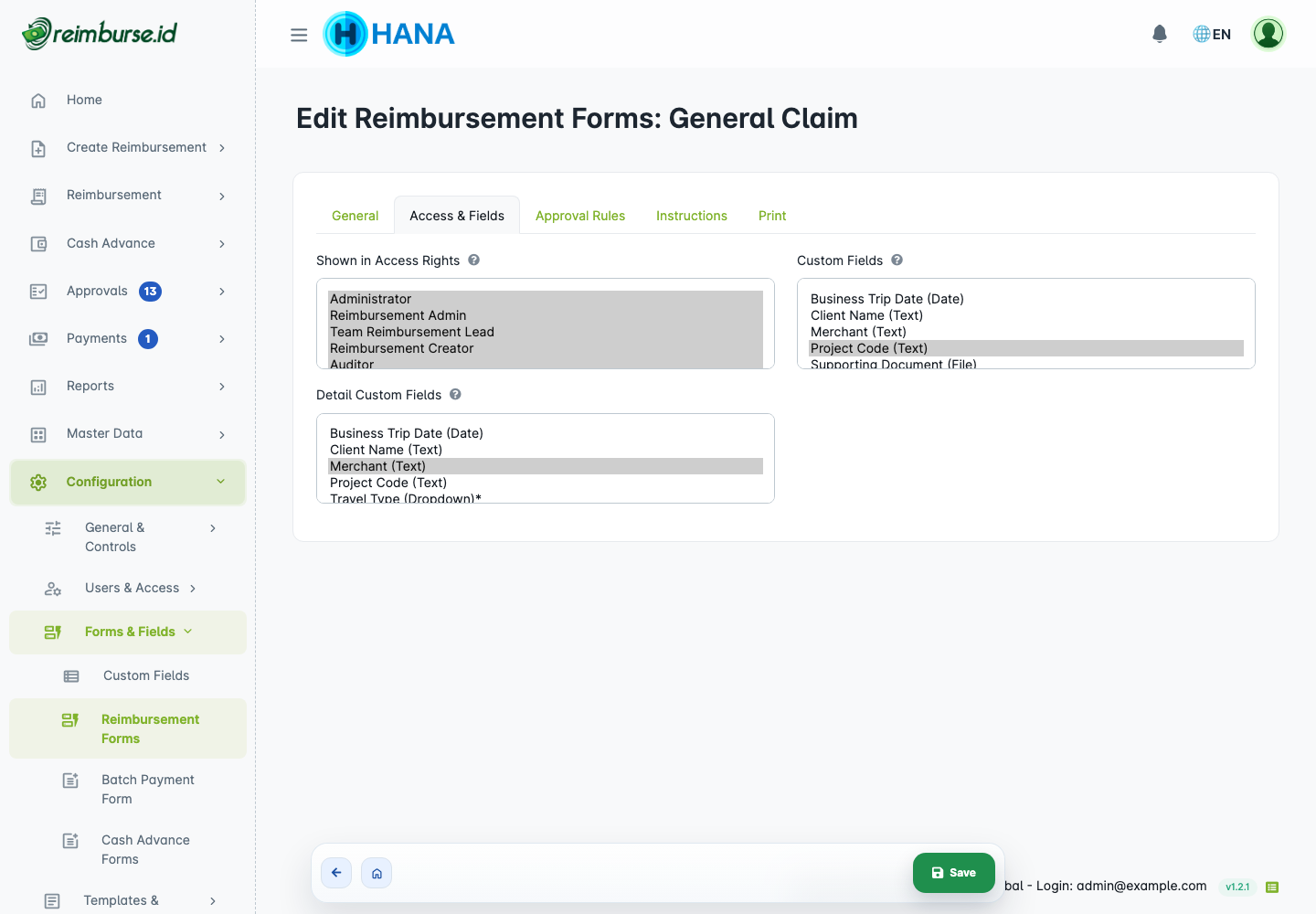 Roles and header/detail fields