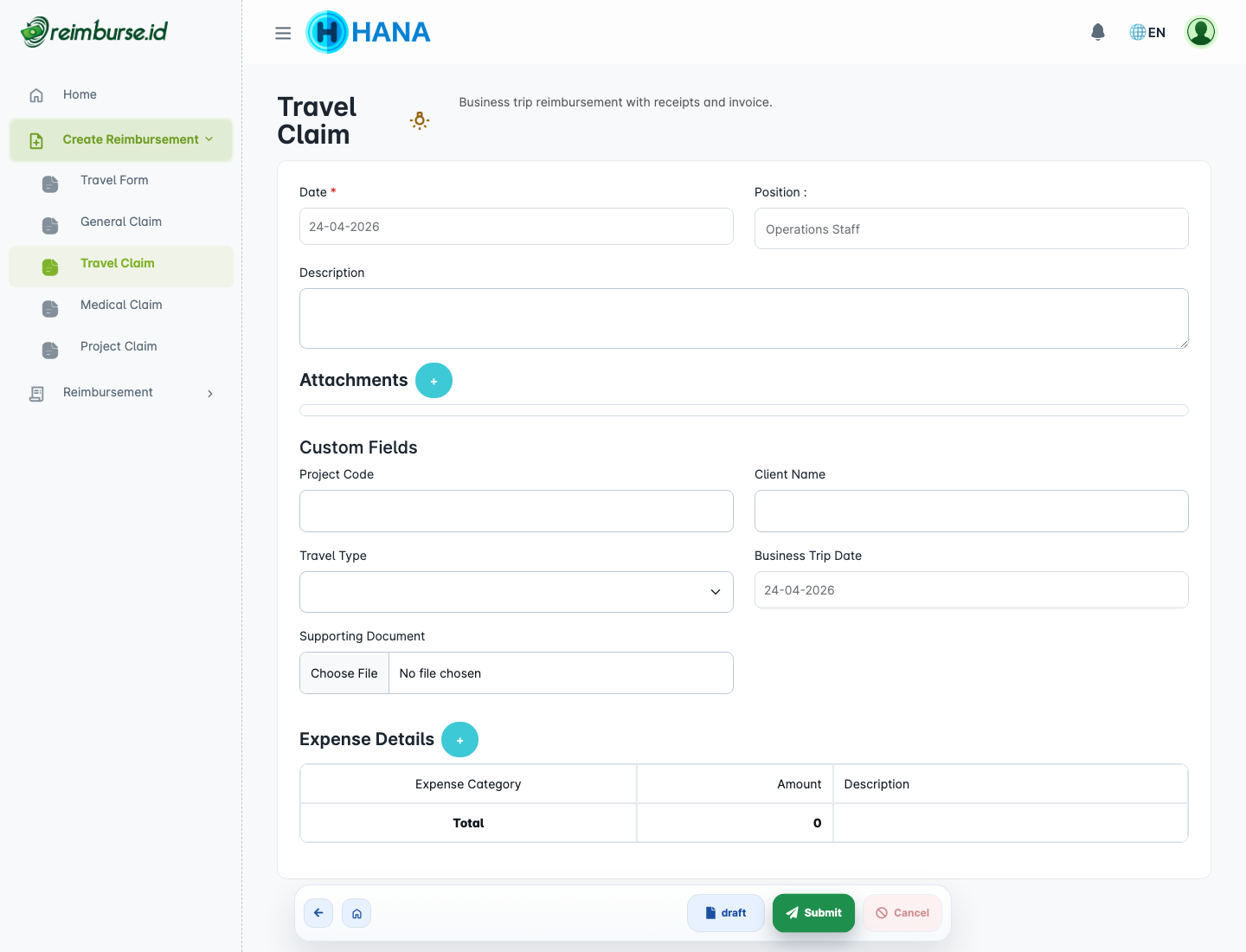 Create reimbursement Travel Claim