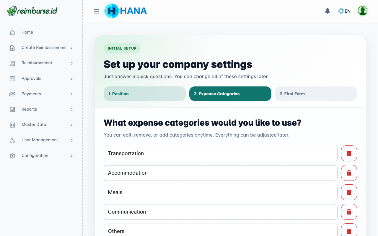 Langkah onboarding 2 – Kategori Biaya