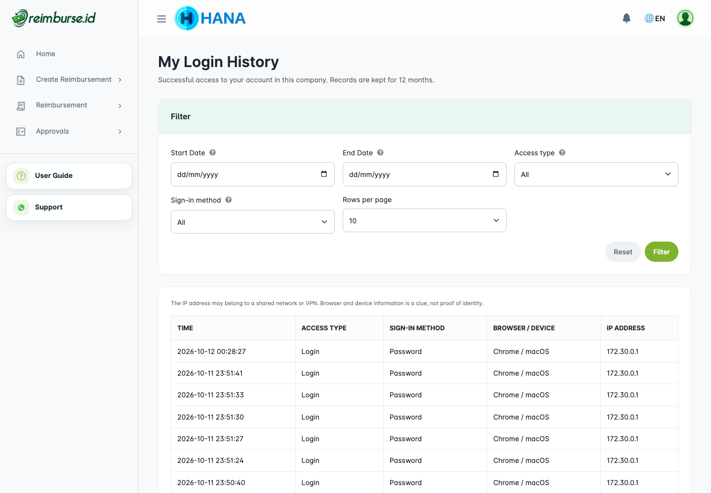 Personal login history