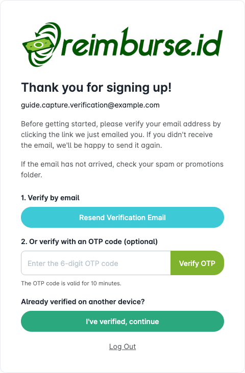 Pilihan verifikasi email untuk administrator pertama