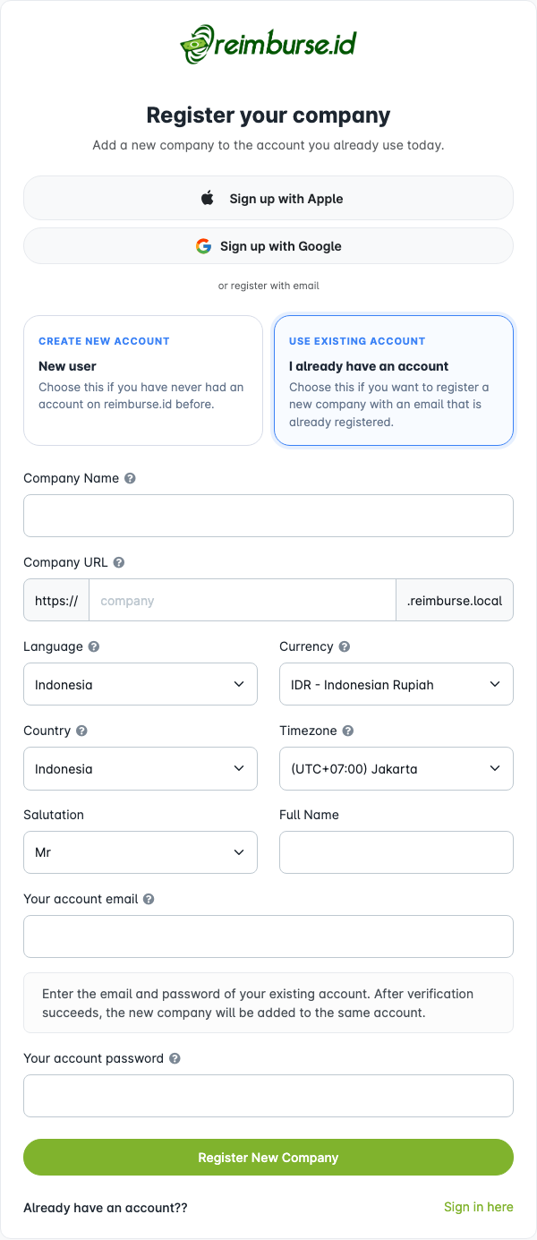 Halaman registrasi dengan Use existing account dipilih