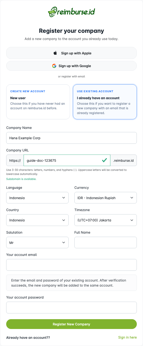 Halaman registrasi dengan Use existing account dipilih