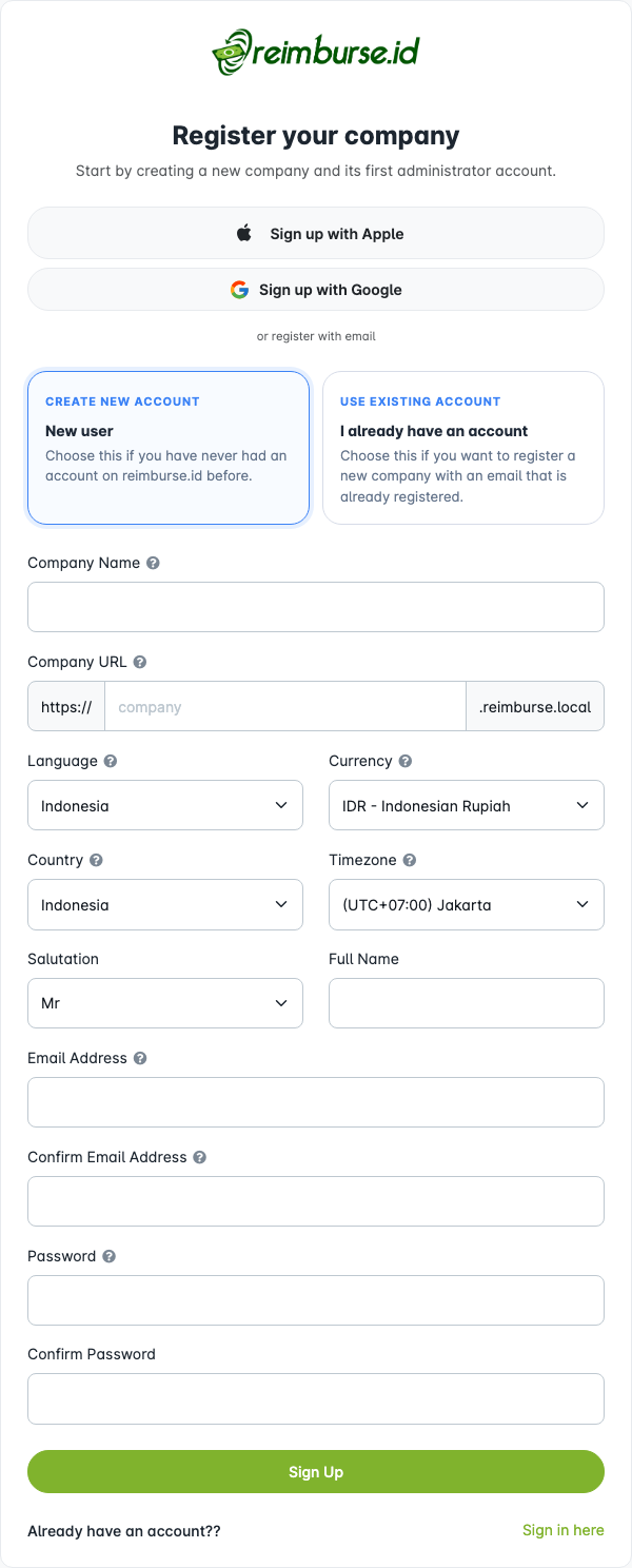 Halaman registrasi dengan akun baru yang dipilih