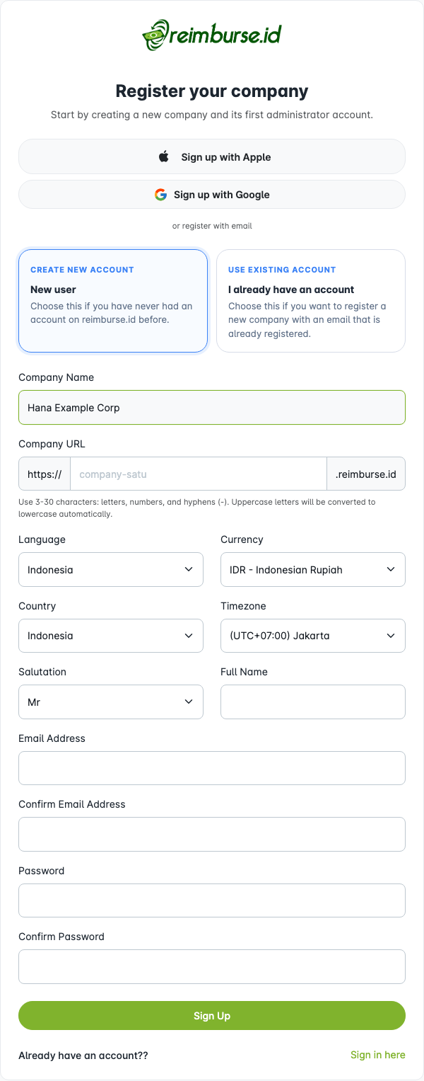 Halaman registrasi dengan akun baru yang dipilih