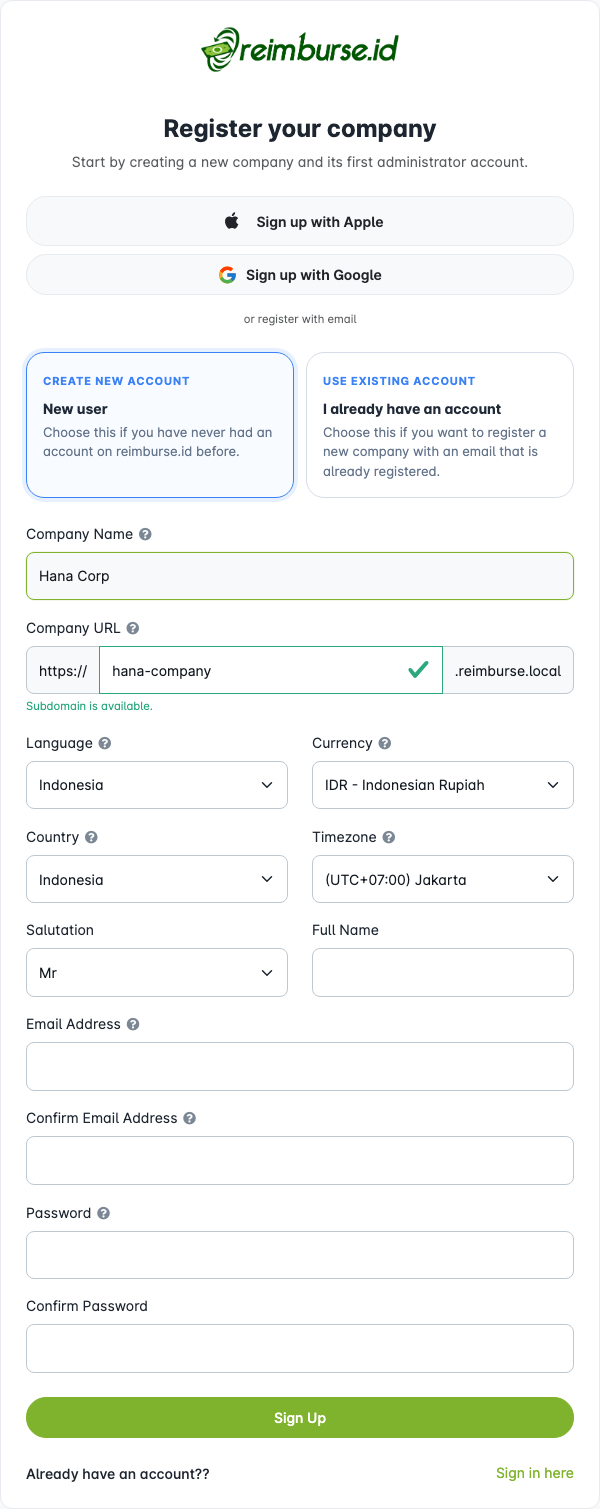 Subdomain tersedia selama registrasi