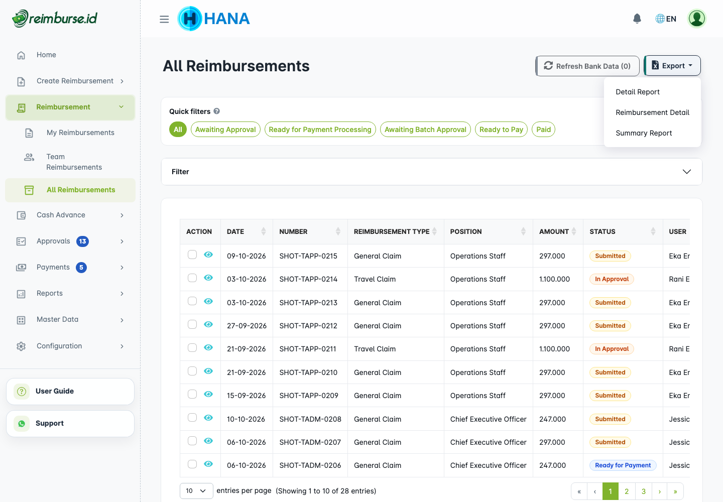Pilihan template export laporan reimbursement