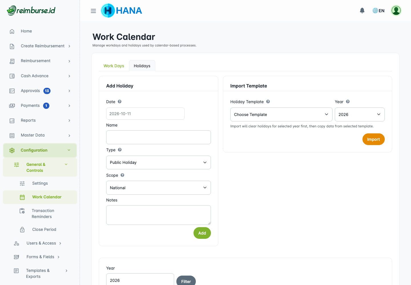 Hari libur manual dan import template bawaan