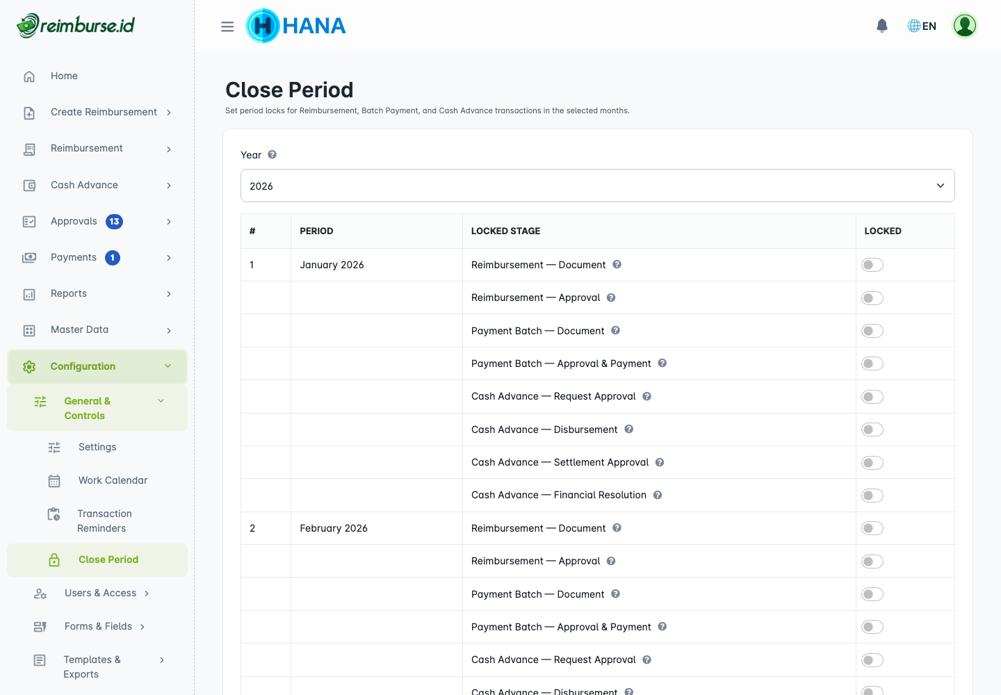 Kunci bulanan untuk tahap reimbursement, batch, dan Kas Bon