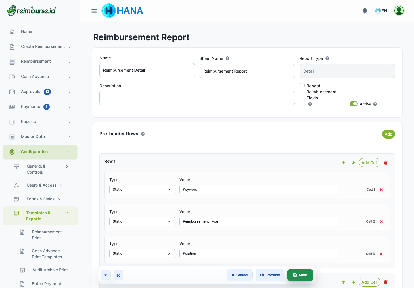 Editor template laporan reimbursement