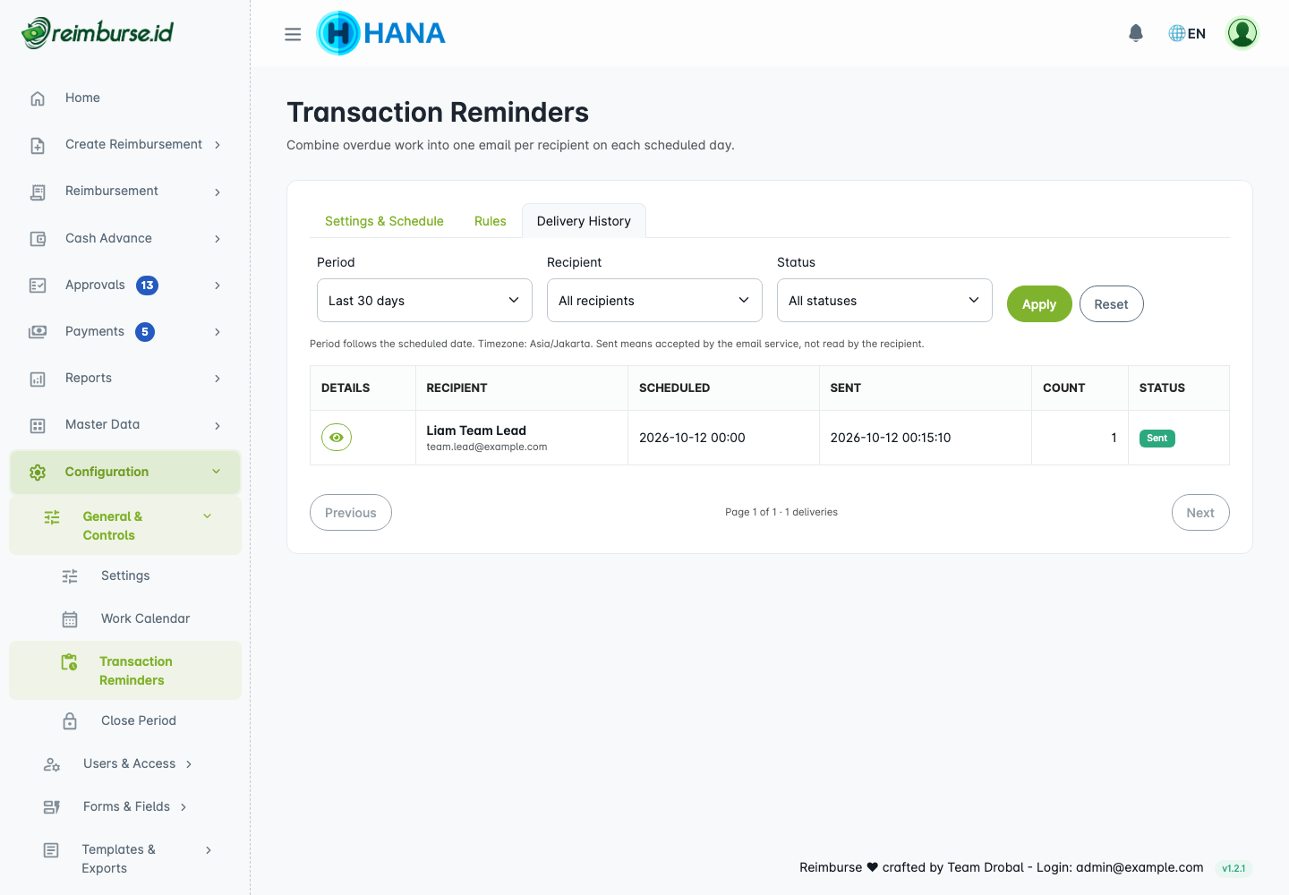 Reminder delivery history and filters